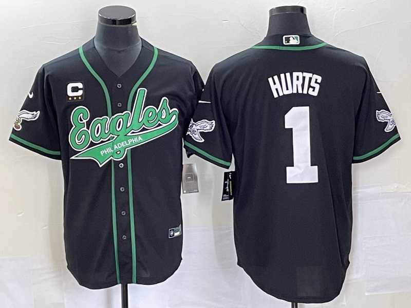 Mens Philadelphia Eagles #1 Jalen Hurts Black With C Patch Cool Base Stitched Baseball Jersey1->philadelphia eagles->NFL Jersey